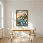 Paleokastritsa — Corfu art print, in an oak frame, styled in a kitchen