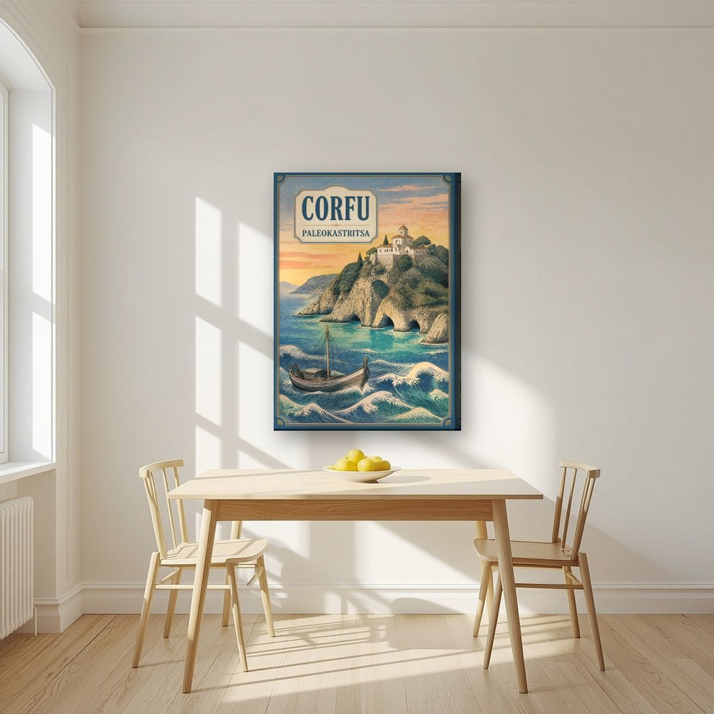 Paleokastritsa — Corfu art print, on slim canvas, styled in a kitchen