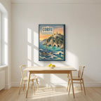 Paleokastritsa — Corfu art print, on slim canvas, styled in a kitchen