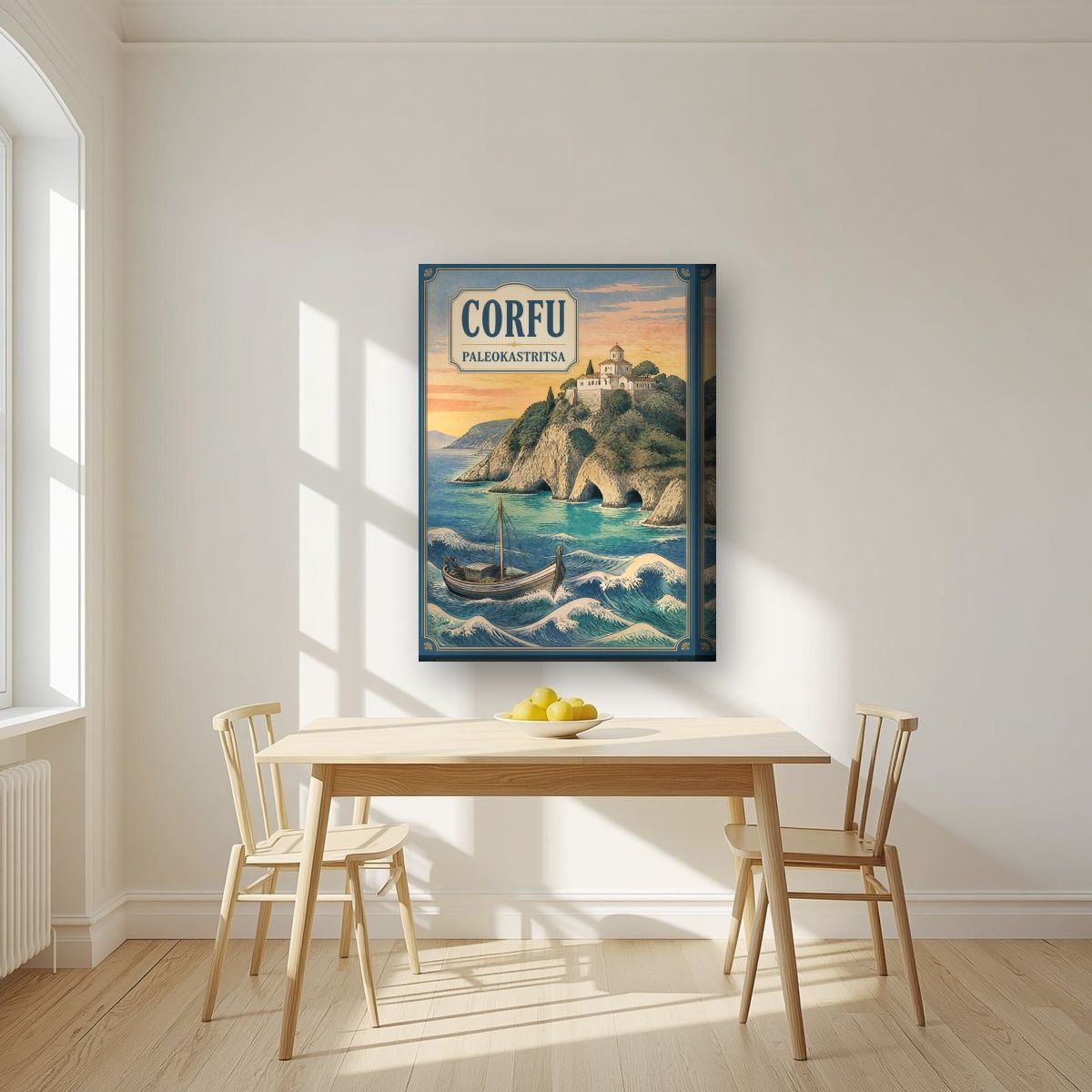 Paleokastritsa — Corfu art print, on thick canvas, styled in a kitchen