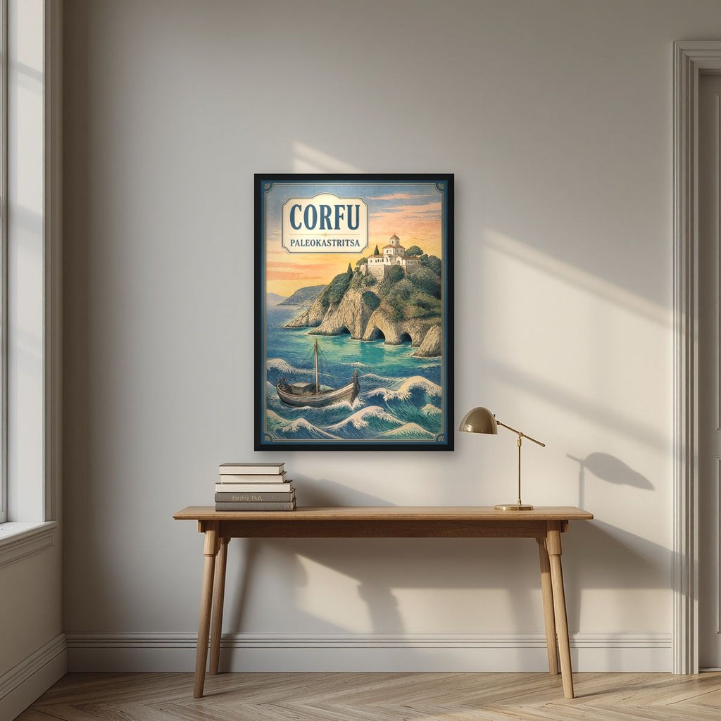 Paleokastritsa — Corfu art print, in a black frame, styled in a desk