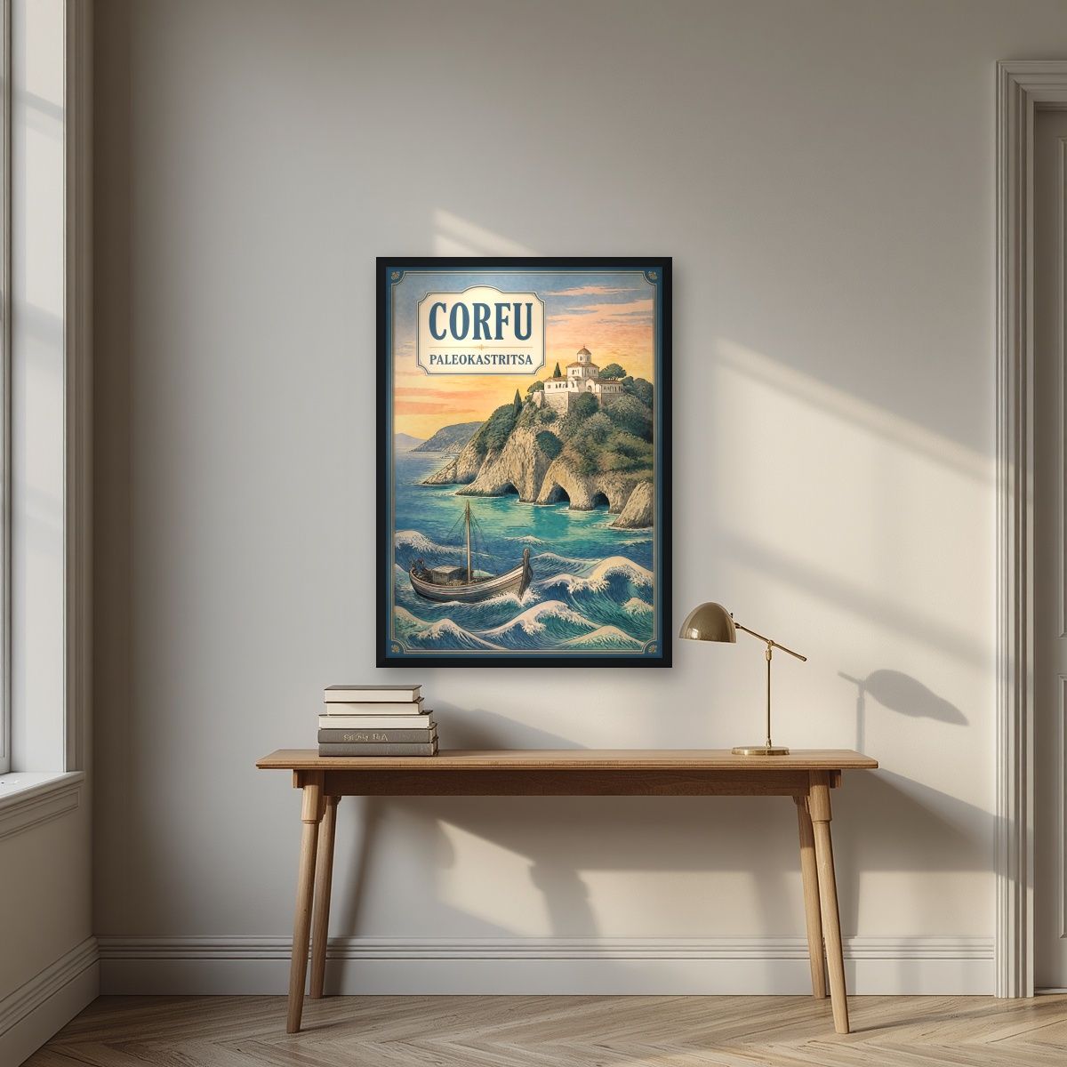 Paleokastritsa — Corfu art print, in a black frame, styled in a desk