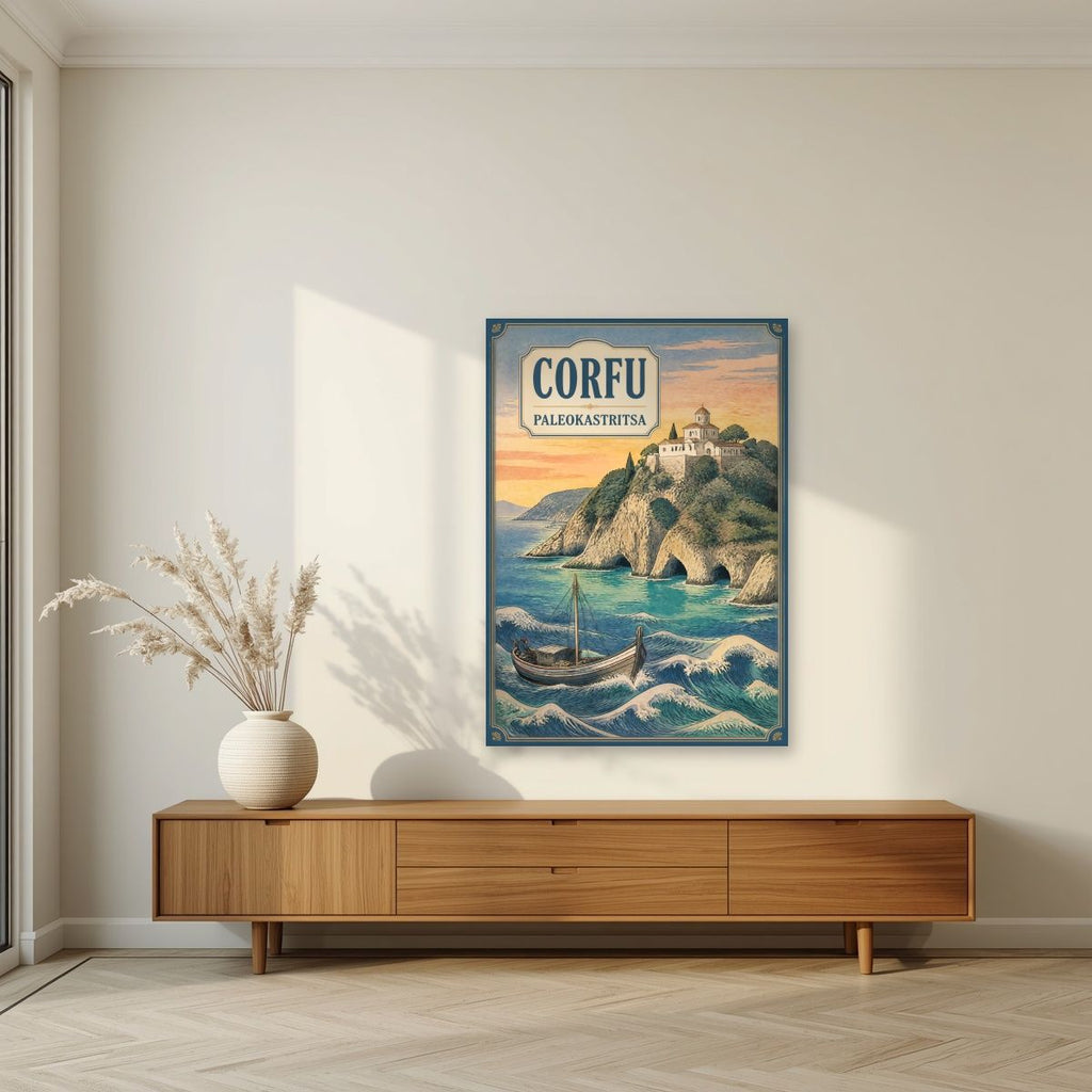 Paleokastritsa — Corfu art print, unframed poster, styled in a living room