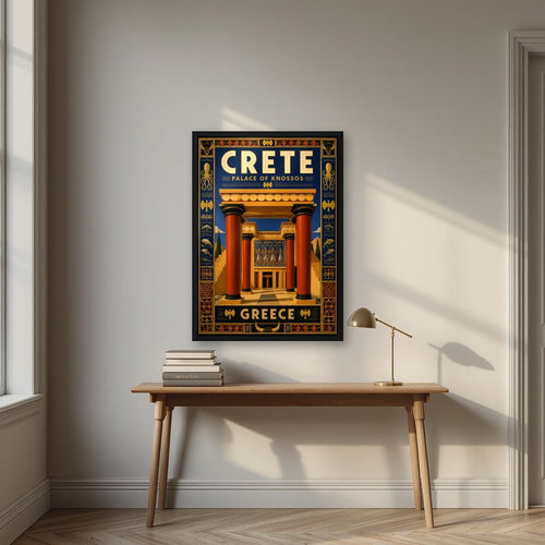 Anaktoro Knossou — Crete art print, in a black frame, styled in a desk