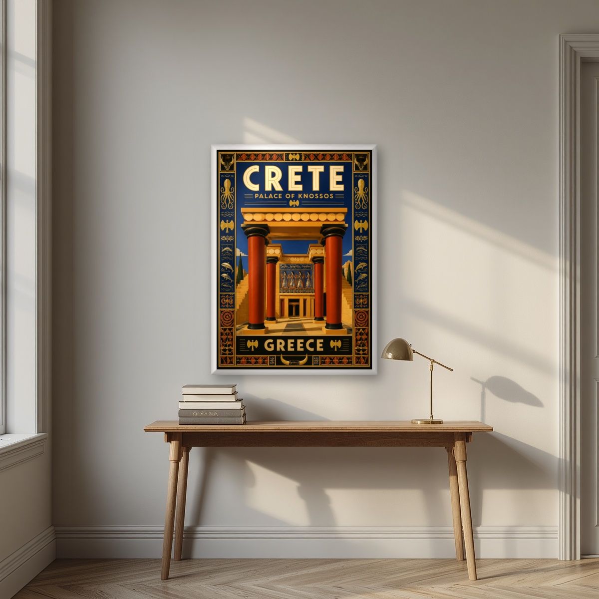 Anaktoro Knossou — Crete art print, in a white frame, styled in a desk