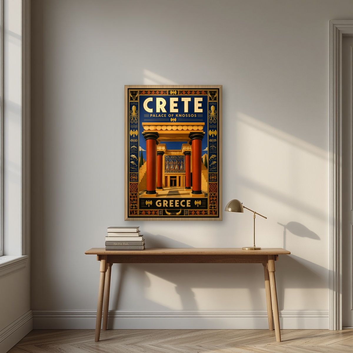 Anaktoro Knossou — Crete art print, in an oak frame, styled in a desk