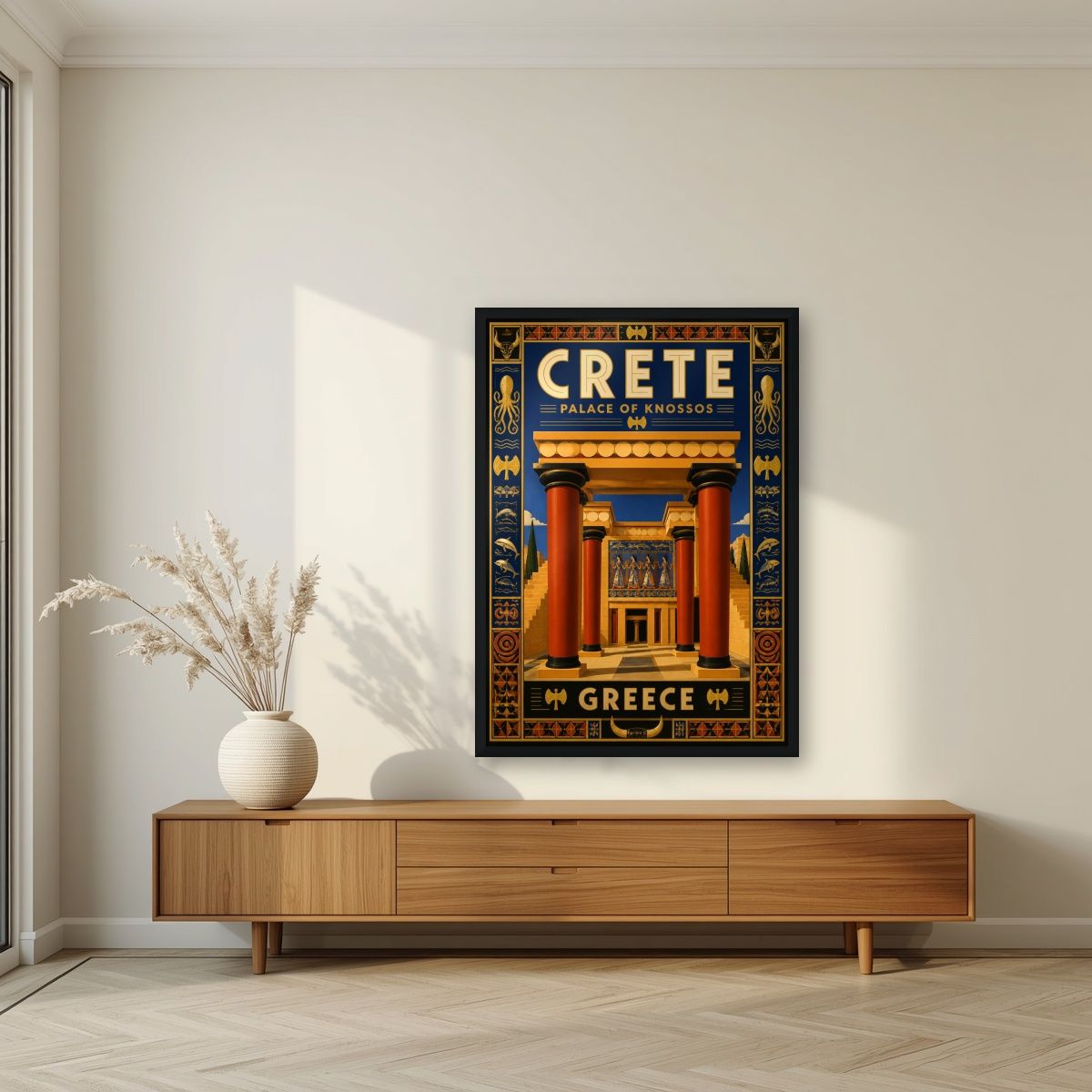 Anaktoro Knossou — Crete art print, in a black frame, styled in a living room
