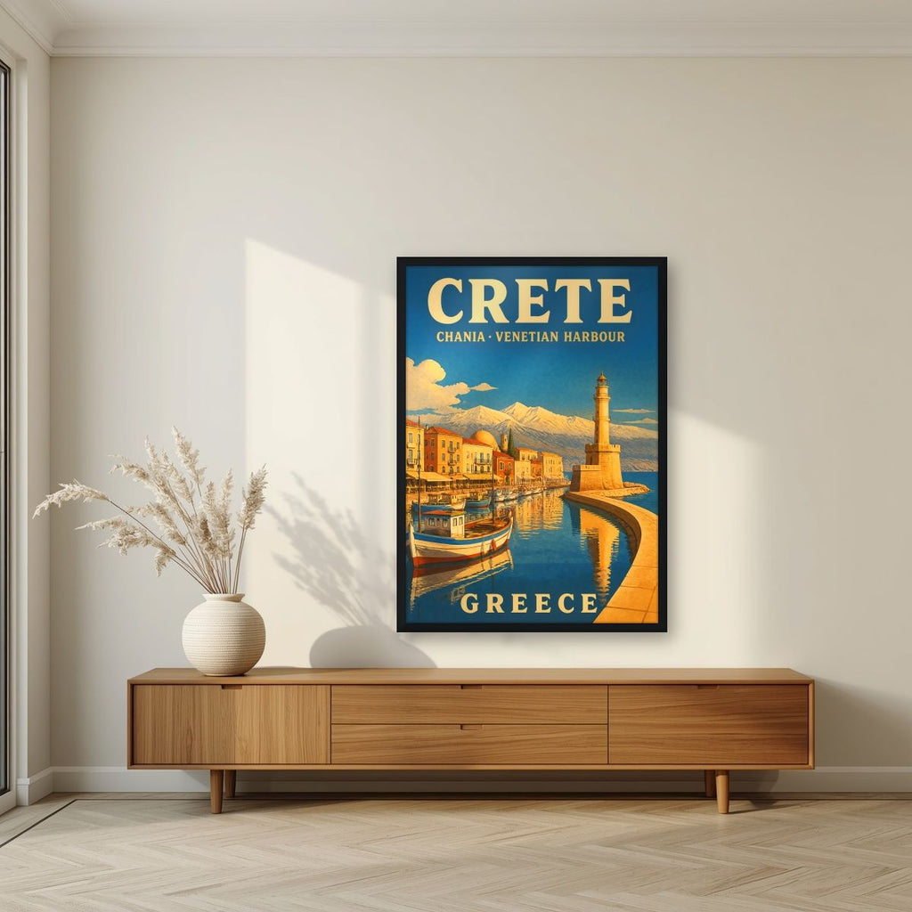 Enetiko Limani — Crete art print, in a black frame, styled in a living room