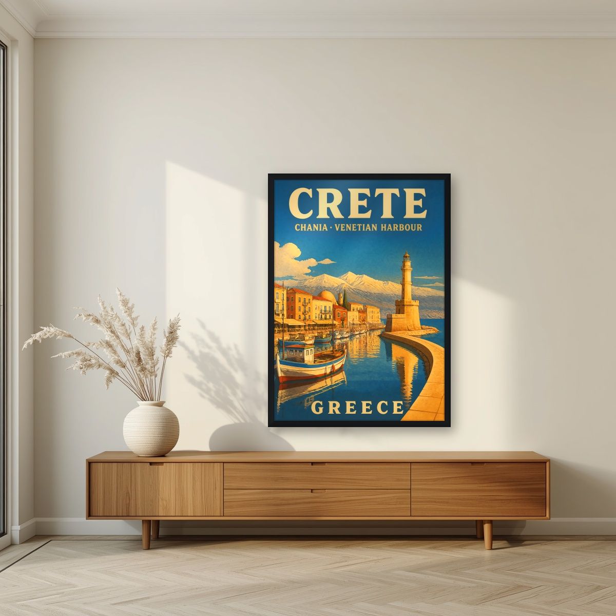 Enetiko Limani — Crete art print, in a black frame, styled in a living room