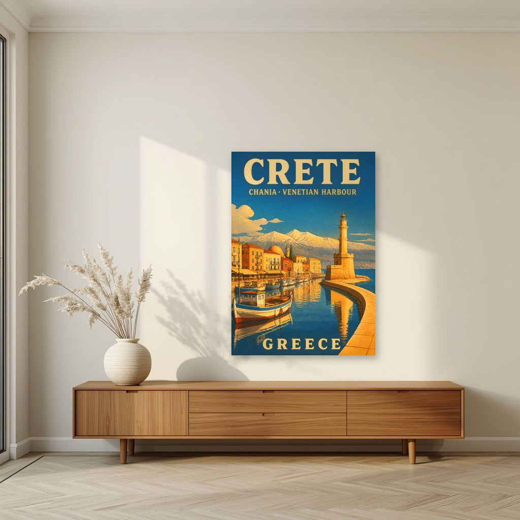 Enetiko Limani — Crete art print, unframed poster, styled in a living room