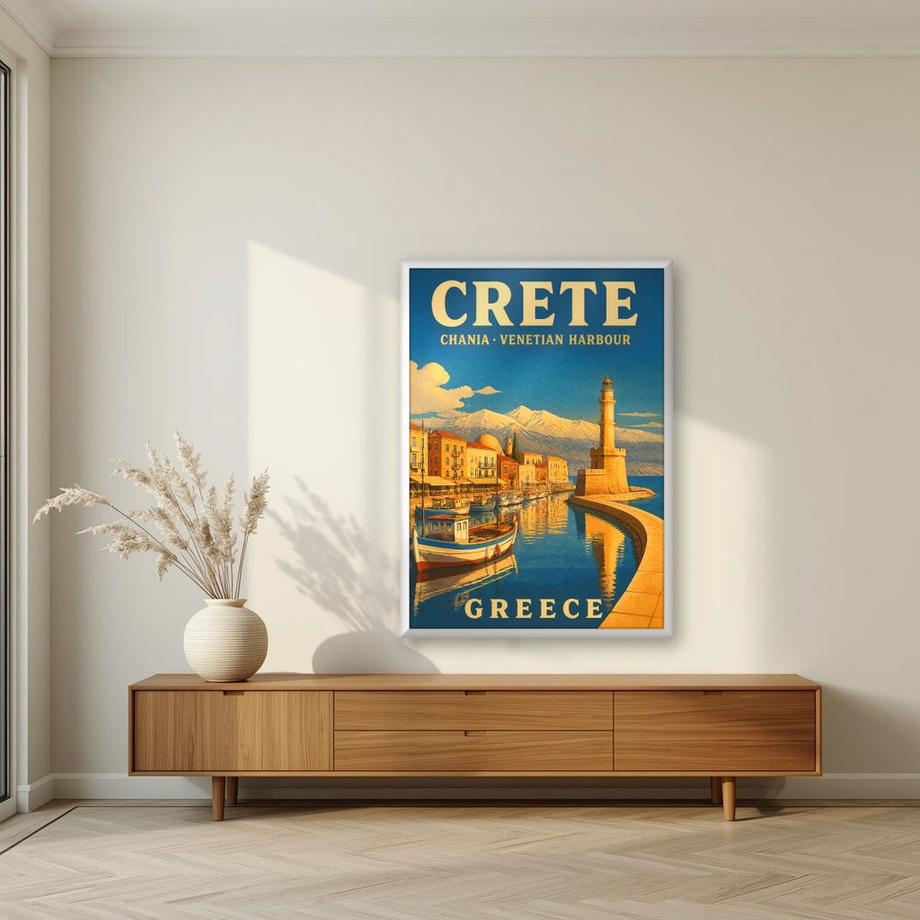 Enetiko Limani — Crete art print, in a white frame, styled in a living room