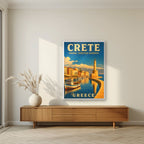 Enetiko Limani — Crete art print, in a white frame, styled in a living room