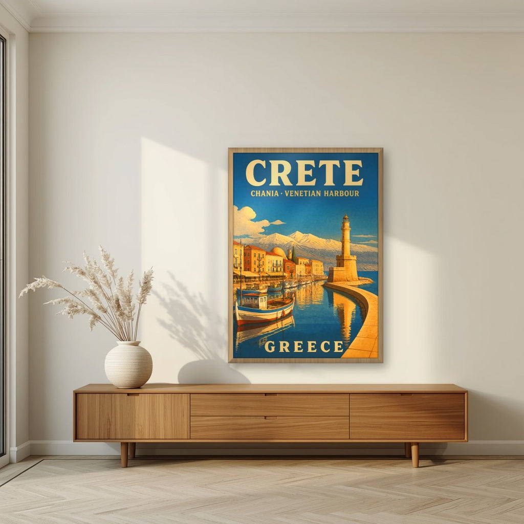 Enetiko Limani — Crete art print, in an oak frame, styled in a living room