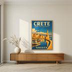 Enetiko Limani — Crete art print, in an oak frame, styled in a living room