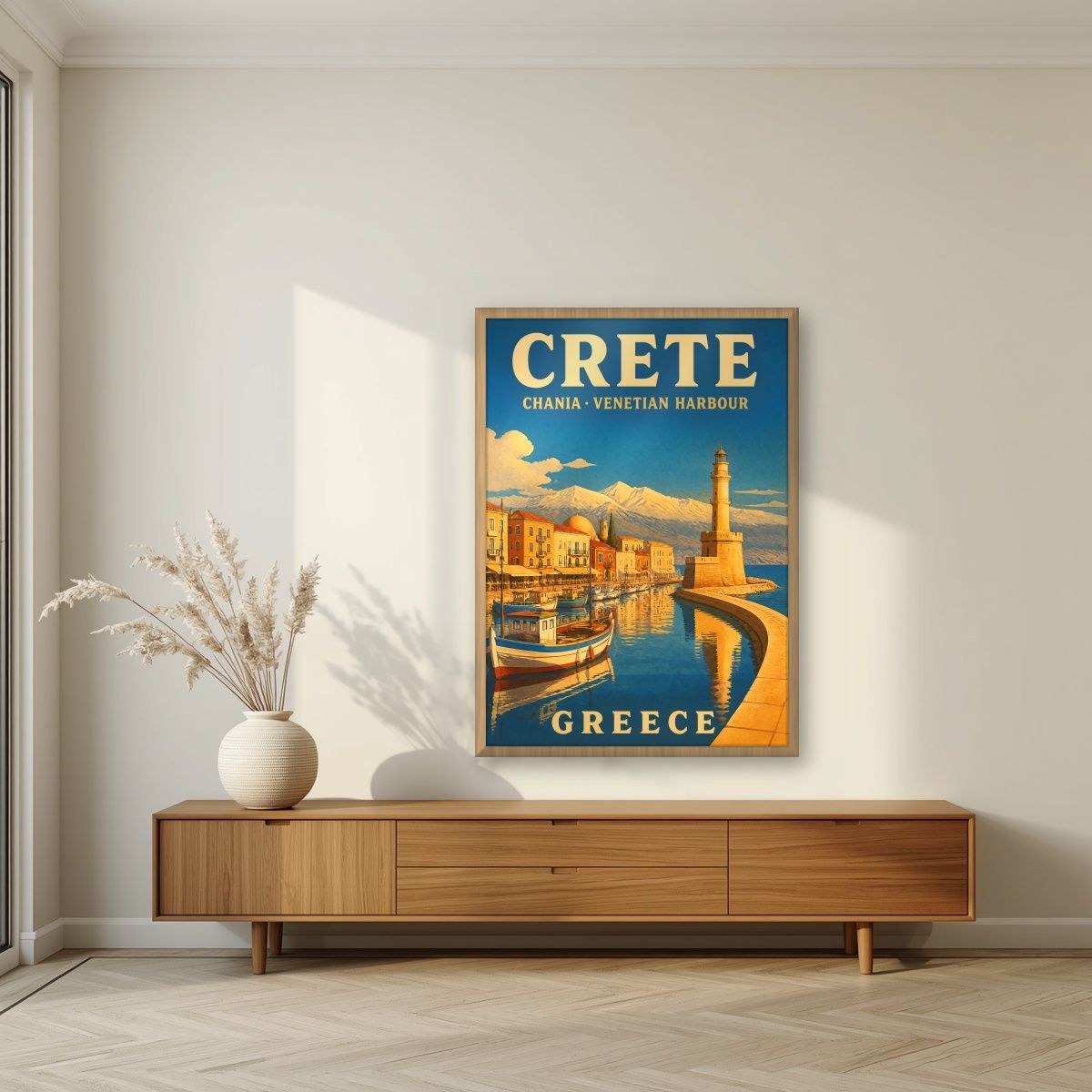 Enetiko Limani — Crete art print, in an oak frame, styled in a living room