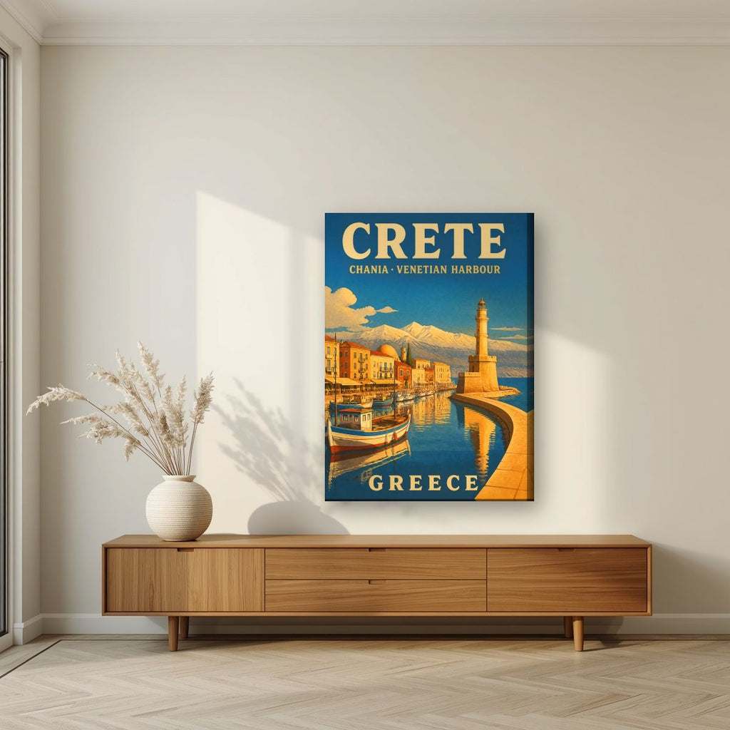 Enetiko Limani — Crete art print, on slim canvas, styled in a living room