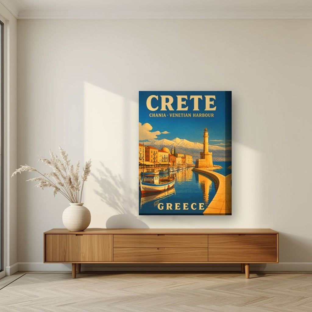 Enetiko Limani — Crete art print, on thick canvas, styled in a living room