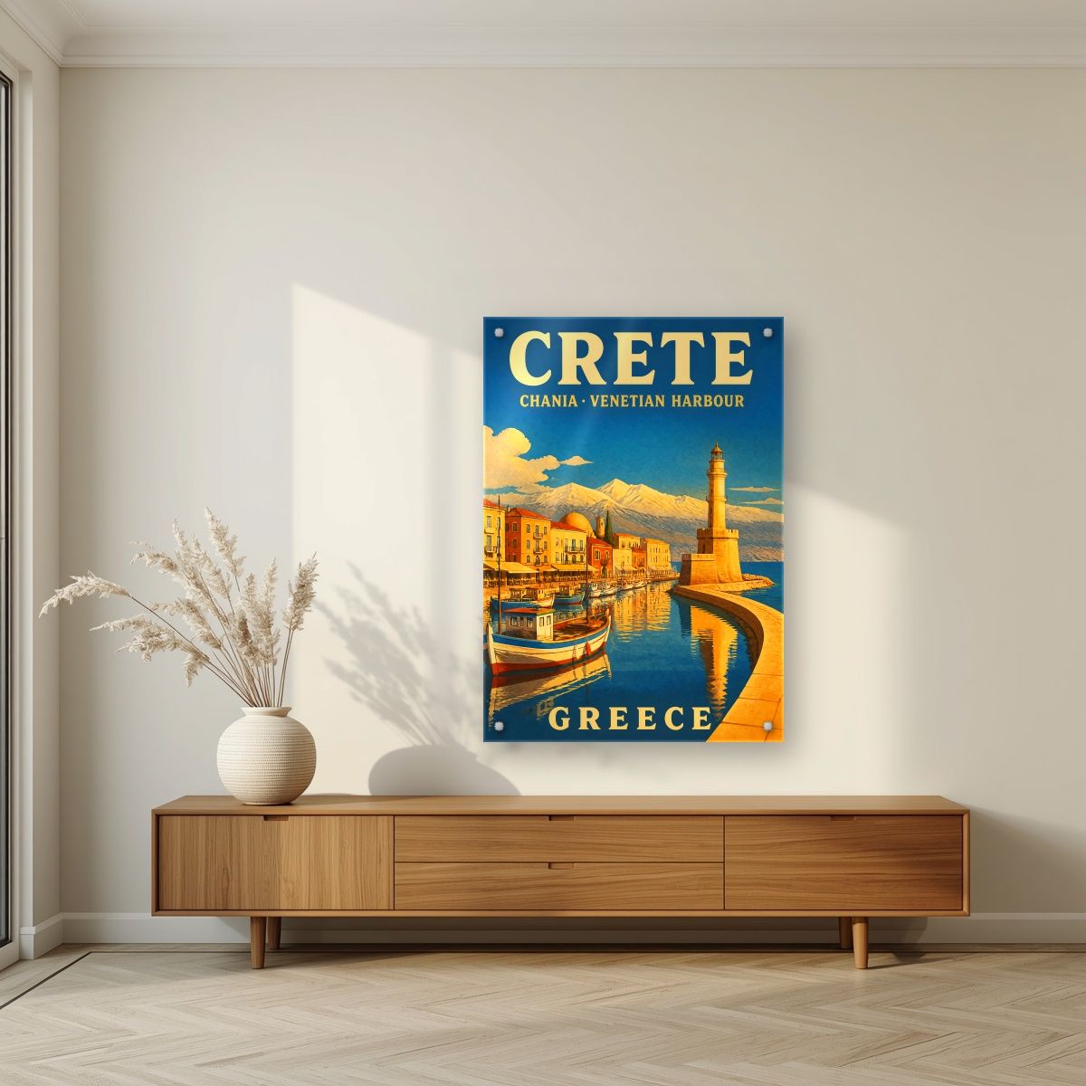 Enetiko Limani — Crete art print, as an acrylic print, styled in a living room