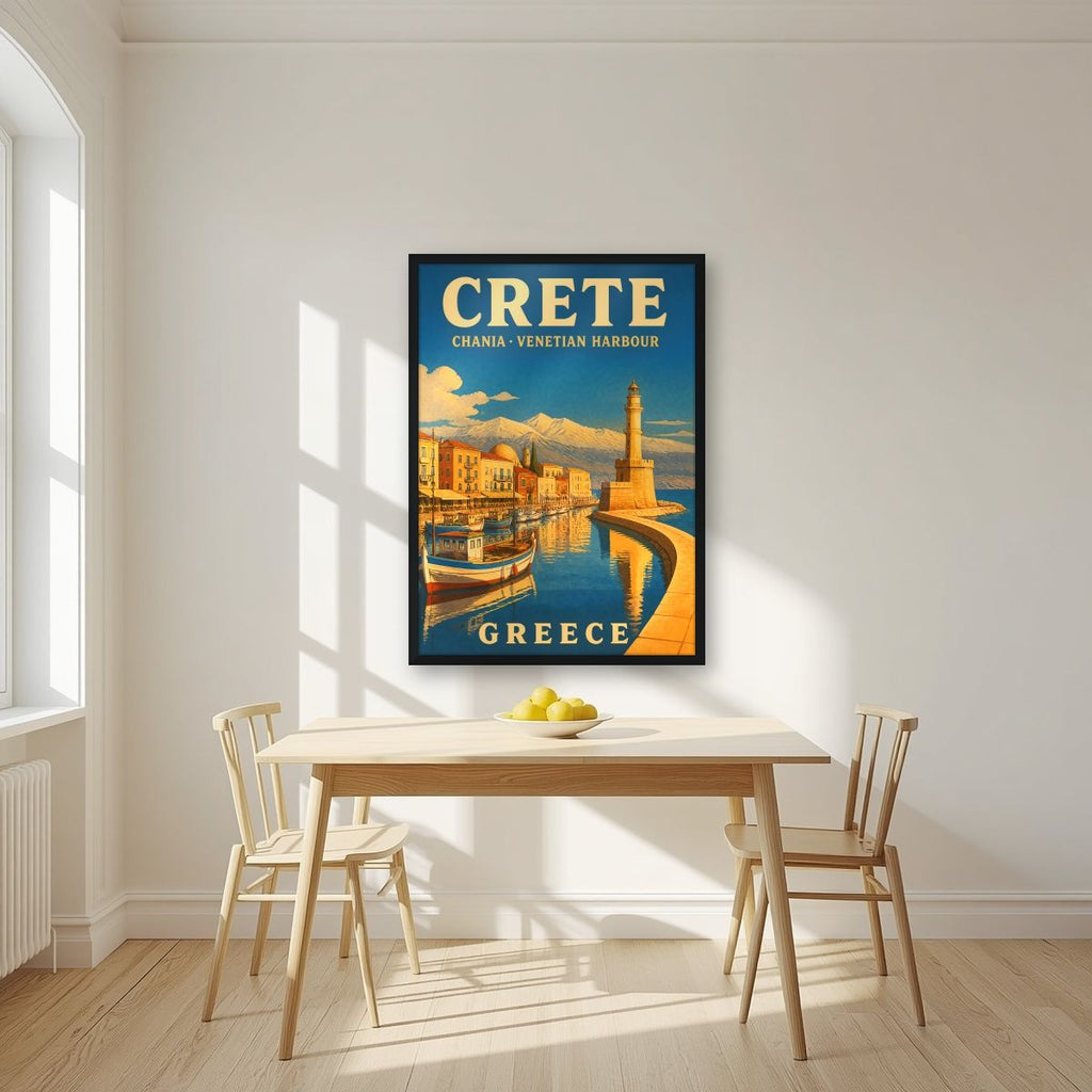 Enetiko Limani — Crete art print, in a black frame, styled in a kitchen