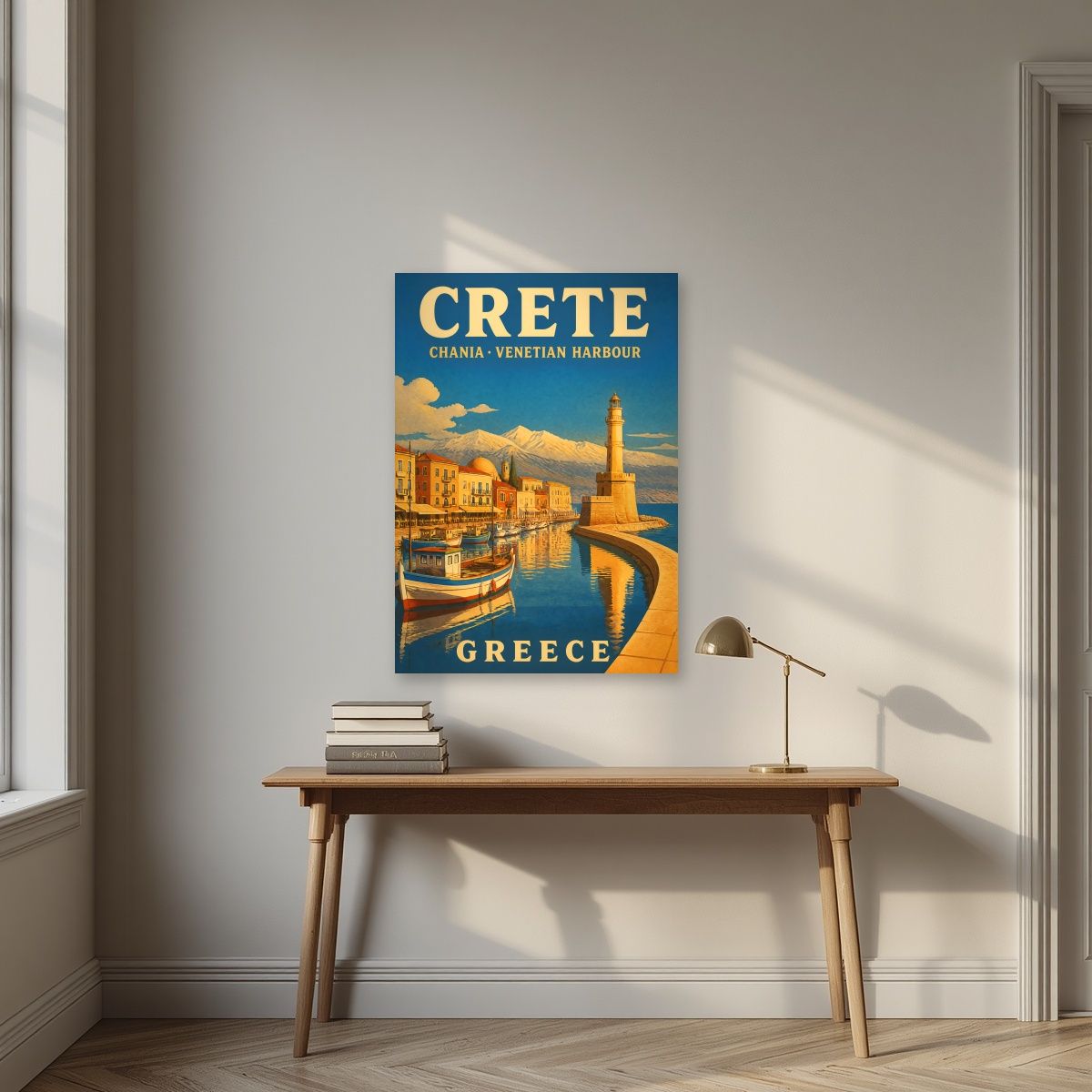 Enetiko Limani — Crete art print, unframed poster, styled in a desk