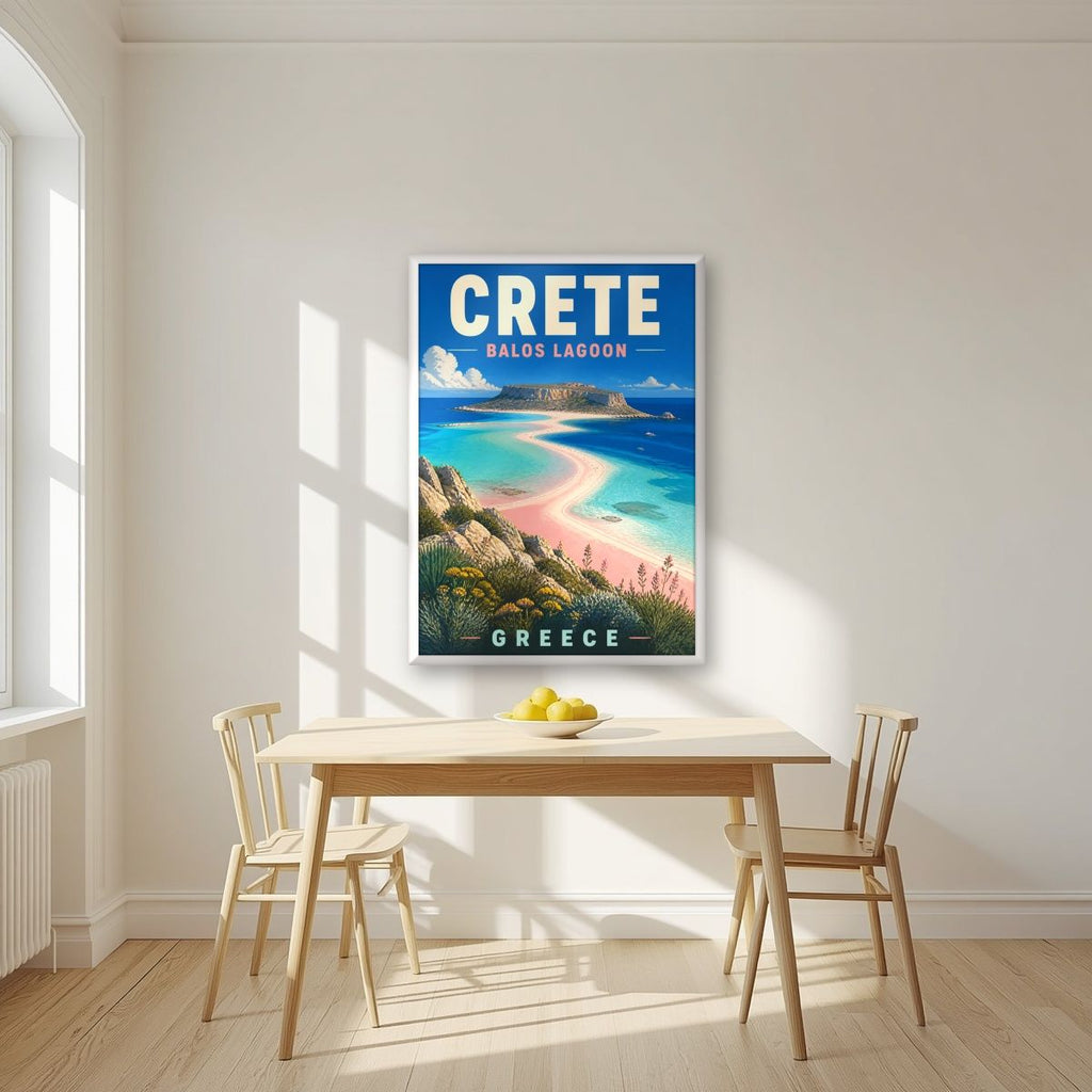 Lagouna Balos — Crete art print, in a white frame, styled in a kitchen