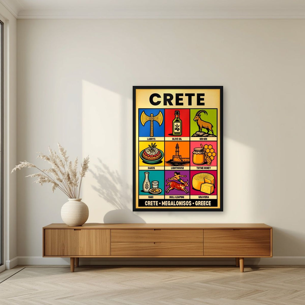 Megalonisos — Crete art print, in a black frame, styled in a living room