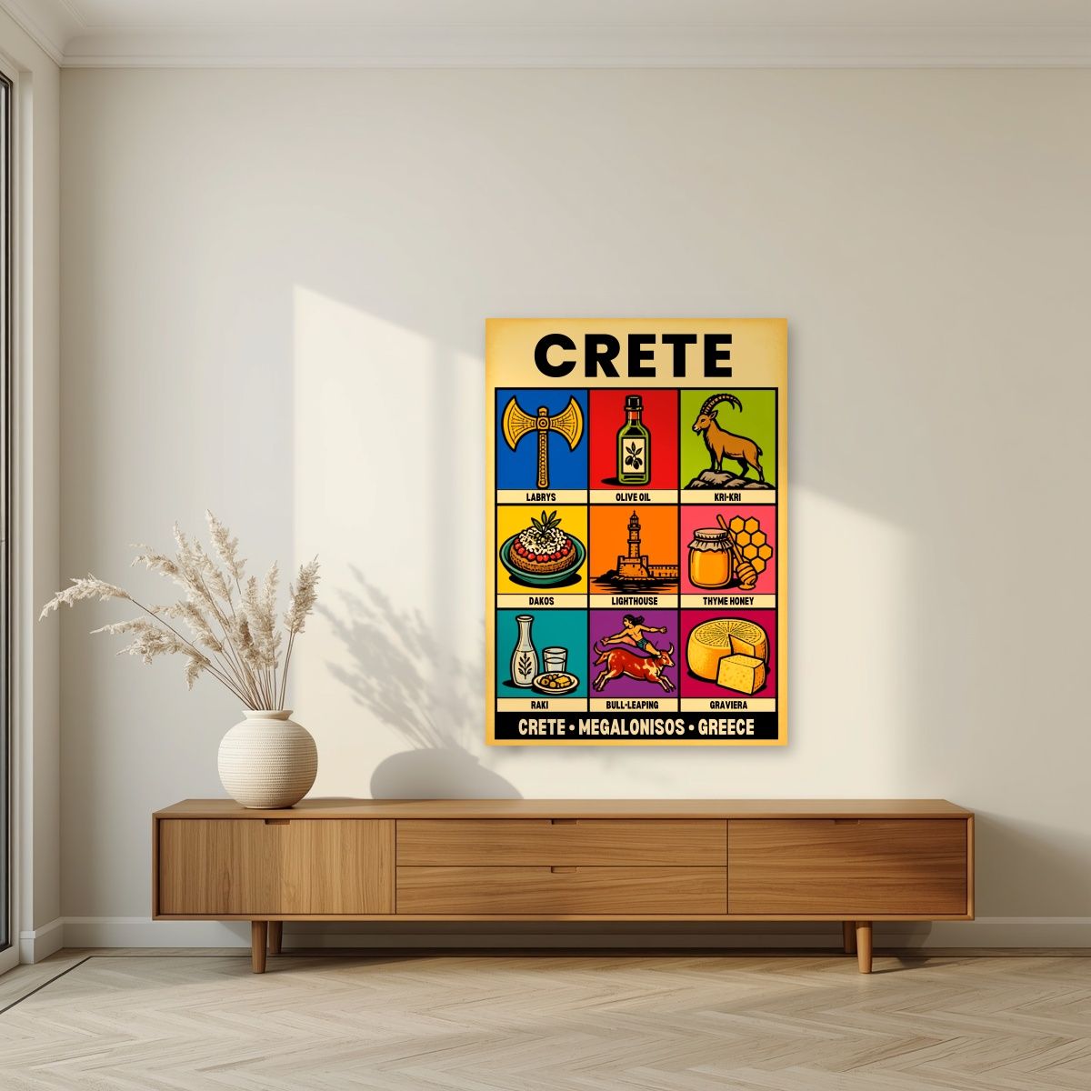 Megalonisos — Crete art print, unframed poster, styled in a living room