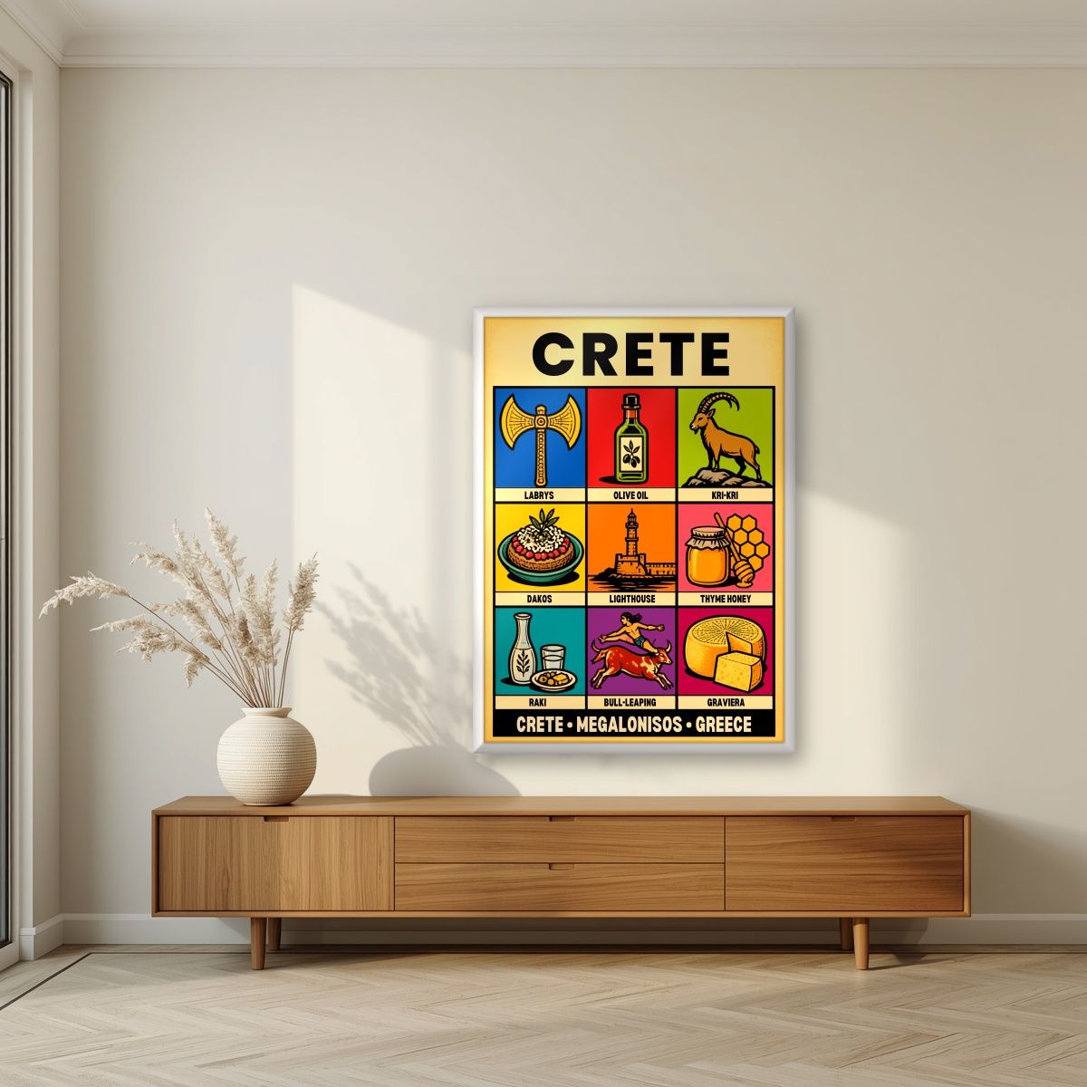 Megalonisos — Crete art print, in a white frame, styled in a living room