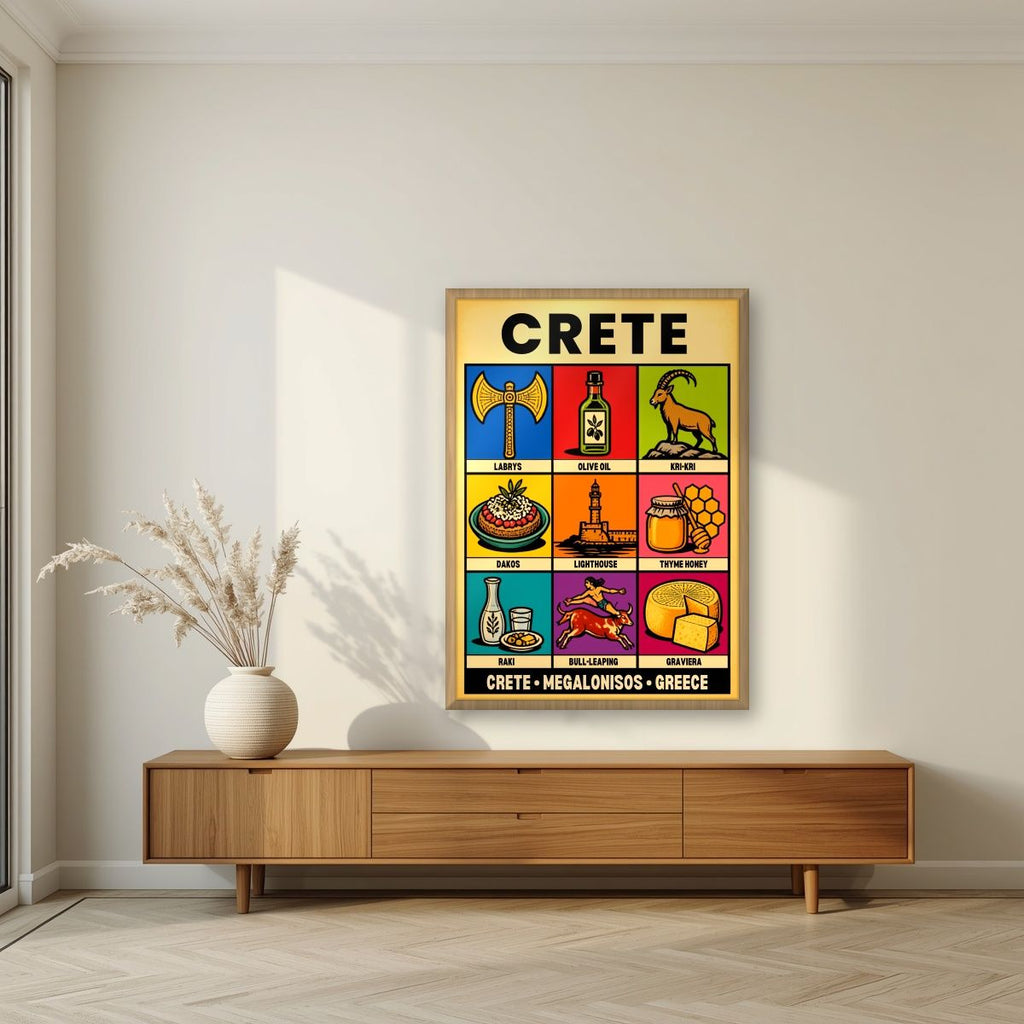 Megalonisos — Crete art print, in an oak frame, styled in a living room