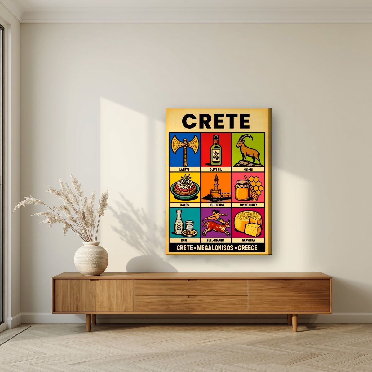 Megalonisos — Crete art print, on slim canvas, styled in a living room