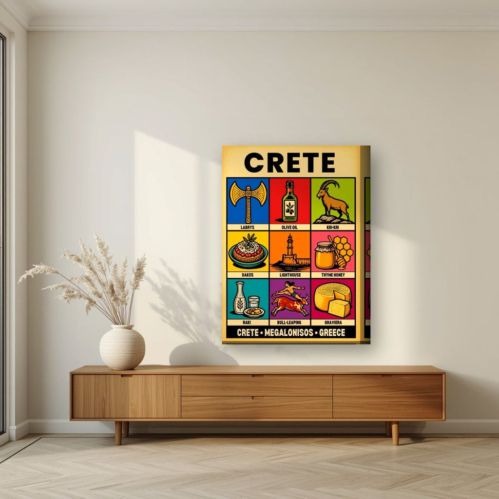 Megalonisos — Crete art print, on thick canvas, styled in a living room