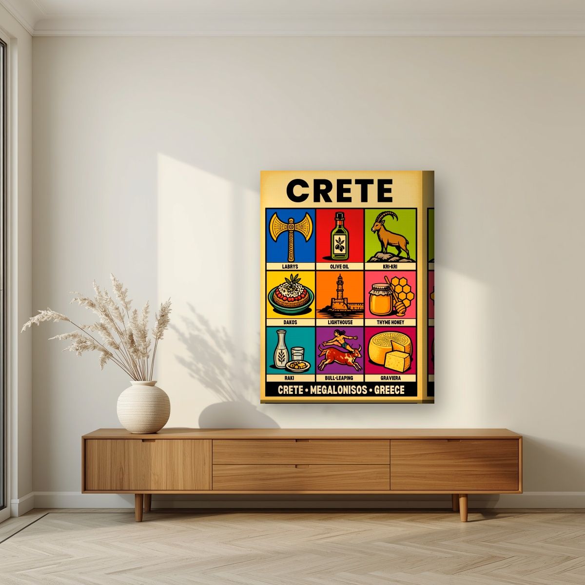 Megalonisos — Crete art print, on thick canvas, styled in a living room