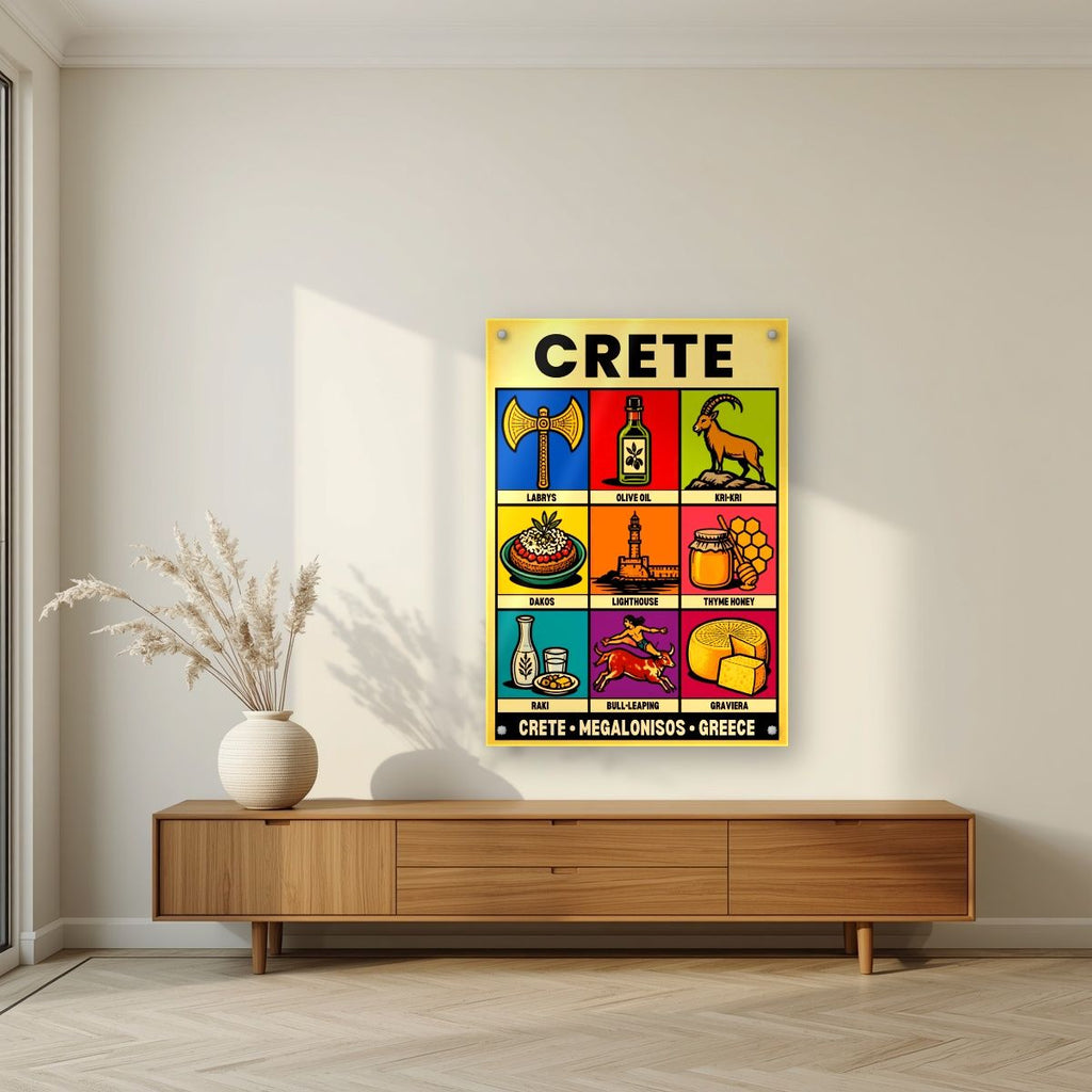 Megalonisos — Crete art print, as an acrylic print, styled in a living room