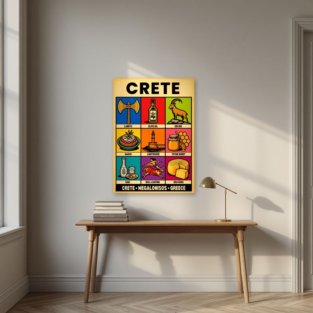 Megalonisos — Crete art print, unframed poster, styled in a desk