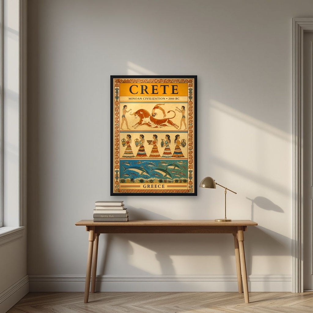 Minoan Frescoes — Crete art print, in a black frame, styled in a desk