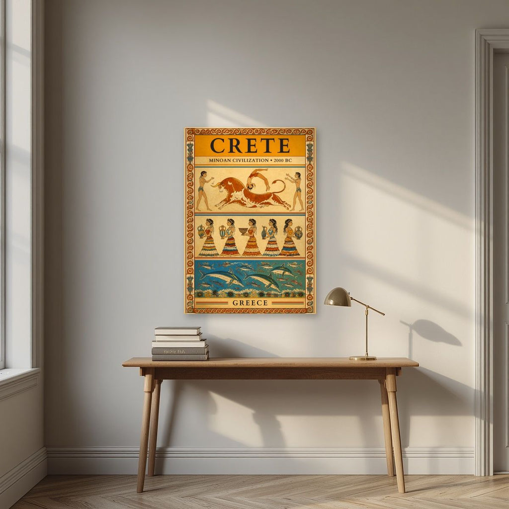 Minoan Frescoes — Crete art print, unframed poster, styled in a desk