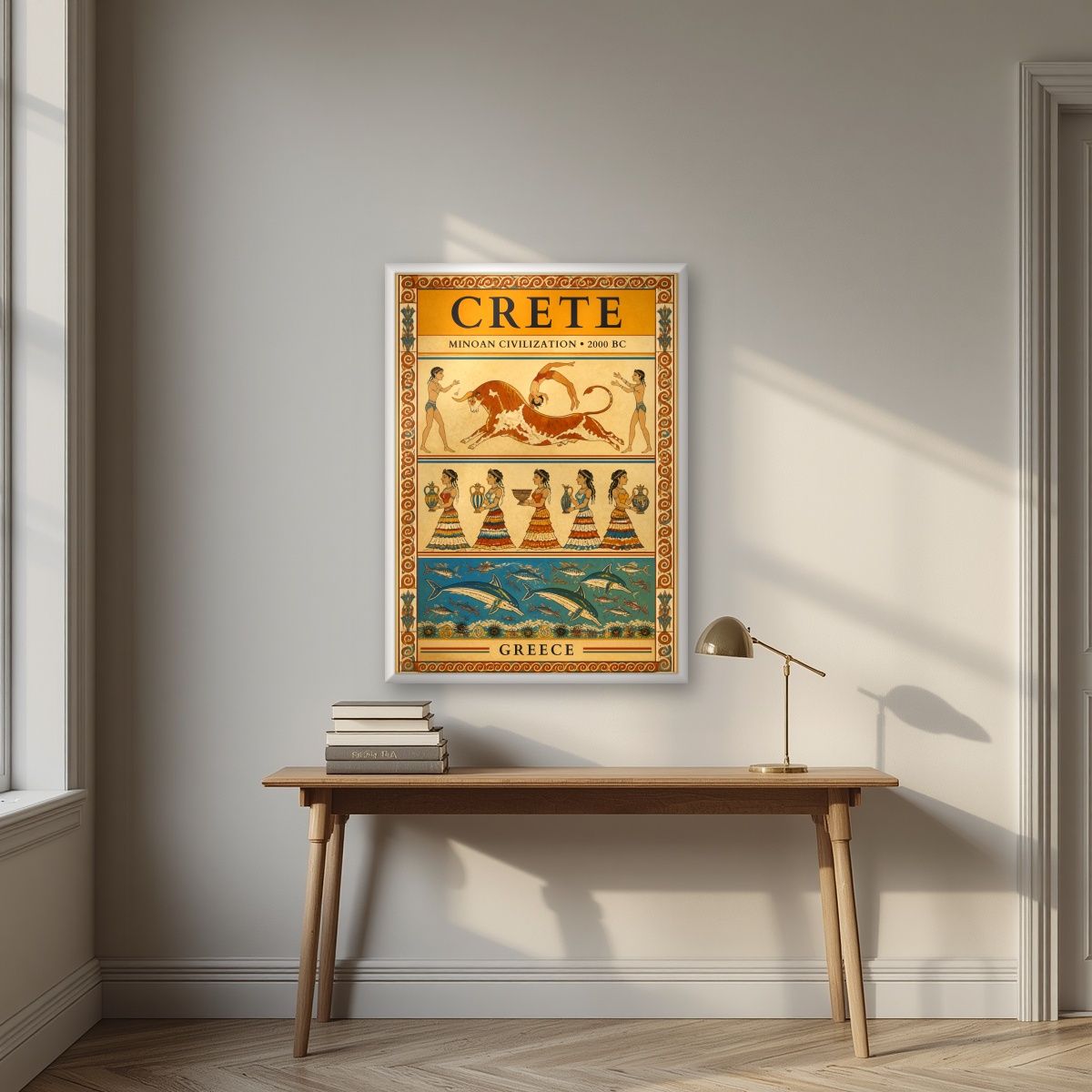 Minoan Frescoes — Crete art print, in a white frame, styled in a desk