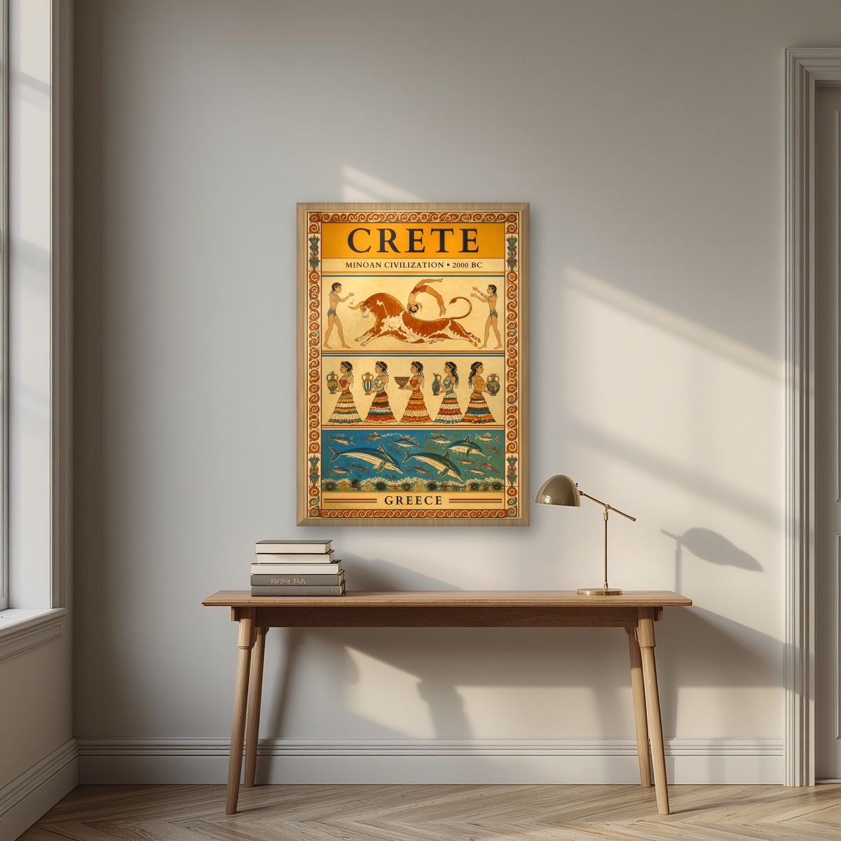 Minoan Frescoes — Crete art print, in an oak frame, styled in a desk
