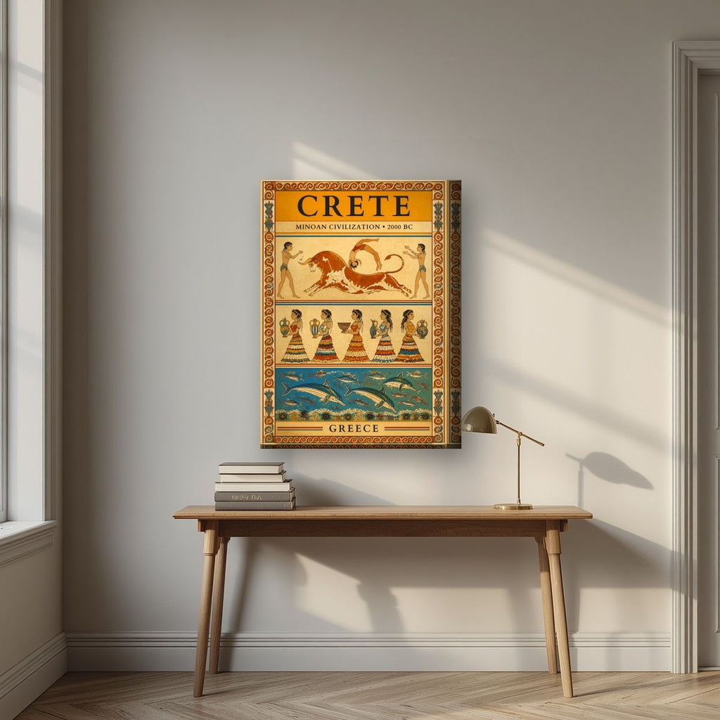 Minoan Frescoes — Crete art print, on thick canvas, styled in a desk