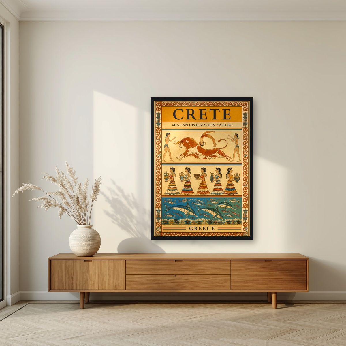 Minoan Frescoes — Crete art print, in a black frame, styled in a living room