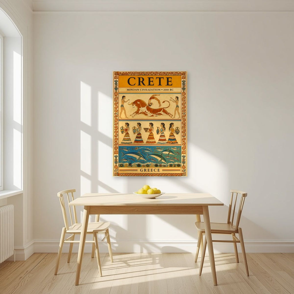 Minoan Frescoes — Crete art print, unframed poster, styled in a kitchen