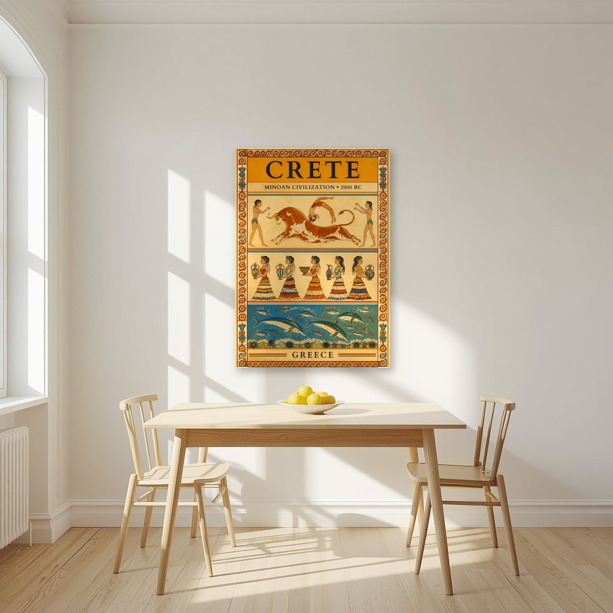 Minoan Frescoes — Crete art print, unframed poster, styled in a kitchen