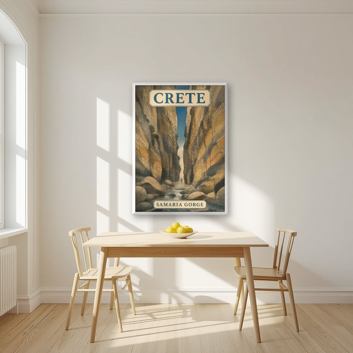 Sideroportes — Crete art print, in a white frame, styled in a kitchen