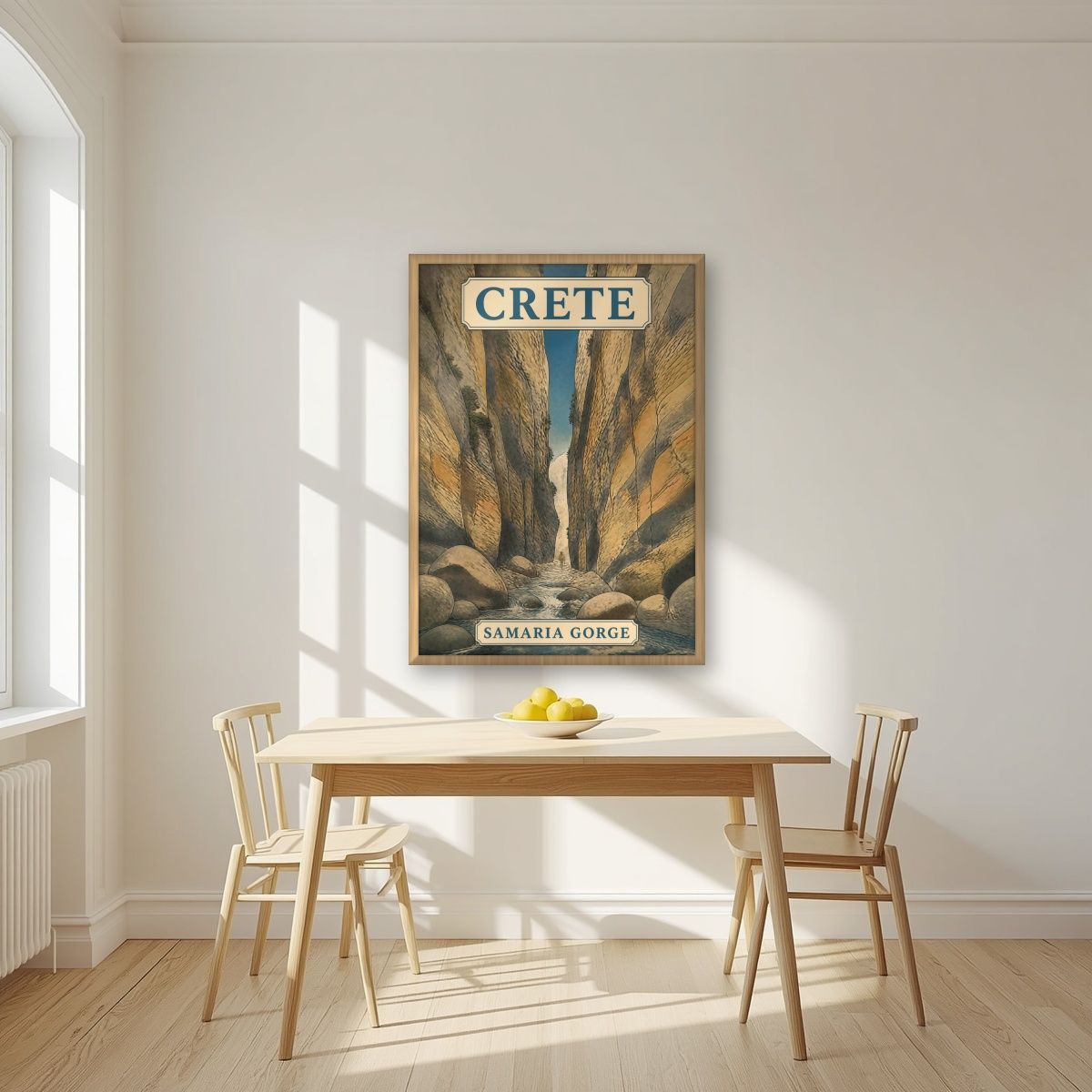 Sideroportes — Crete art print, in an oak frame, styled in a kitchen