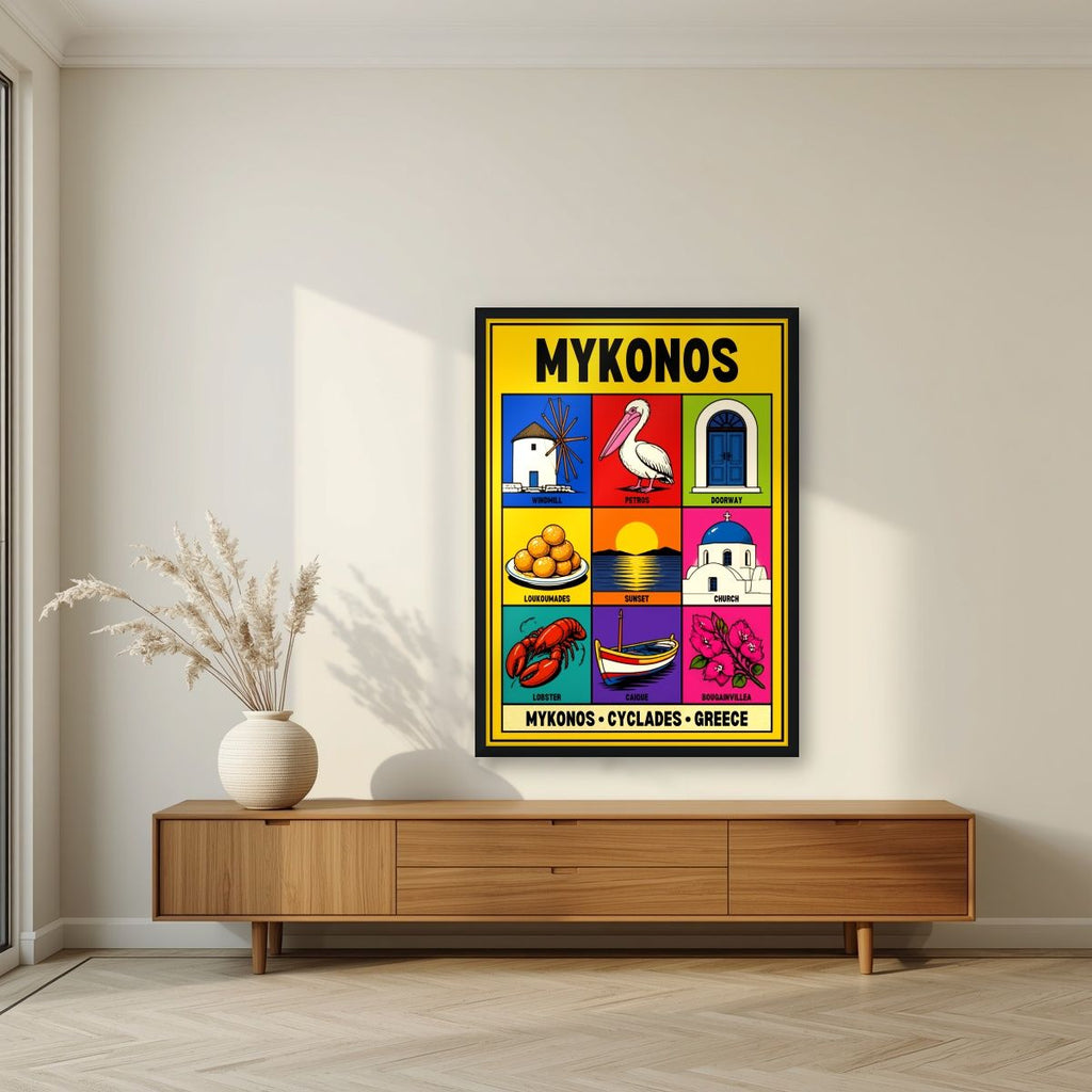Island Almanac — Mykonos art print, in a black frame, styled in a living room