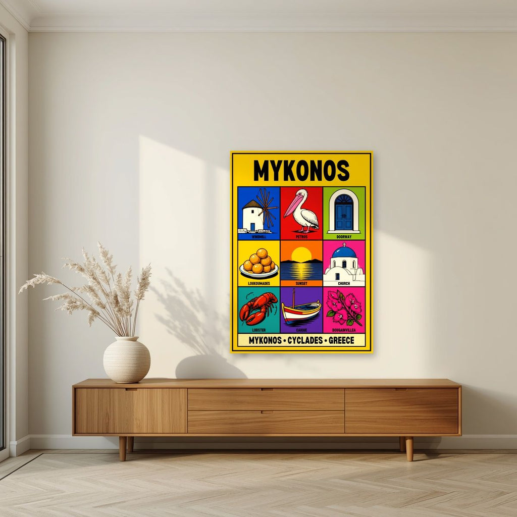Island Almanac — Mykonos art print, unframed poster, styled in a living room