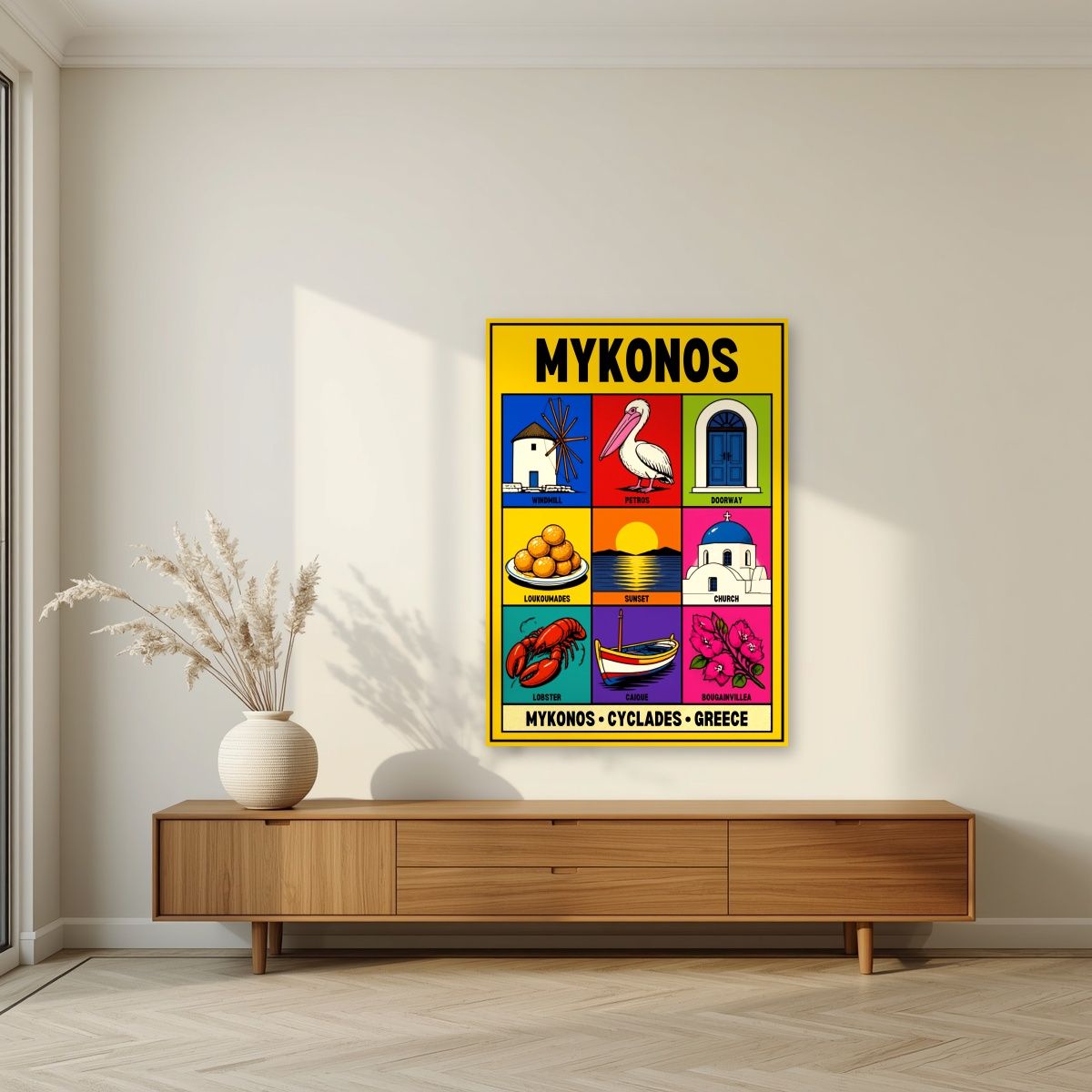 Island Almanac — Mykonos art print, unframed poster, styled in a living room