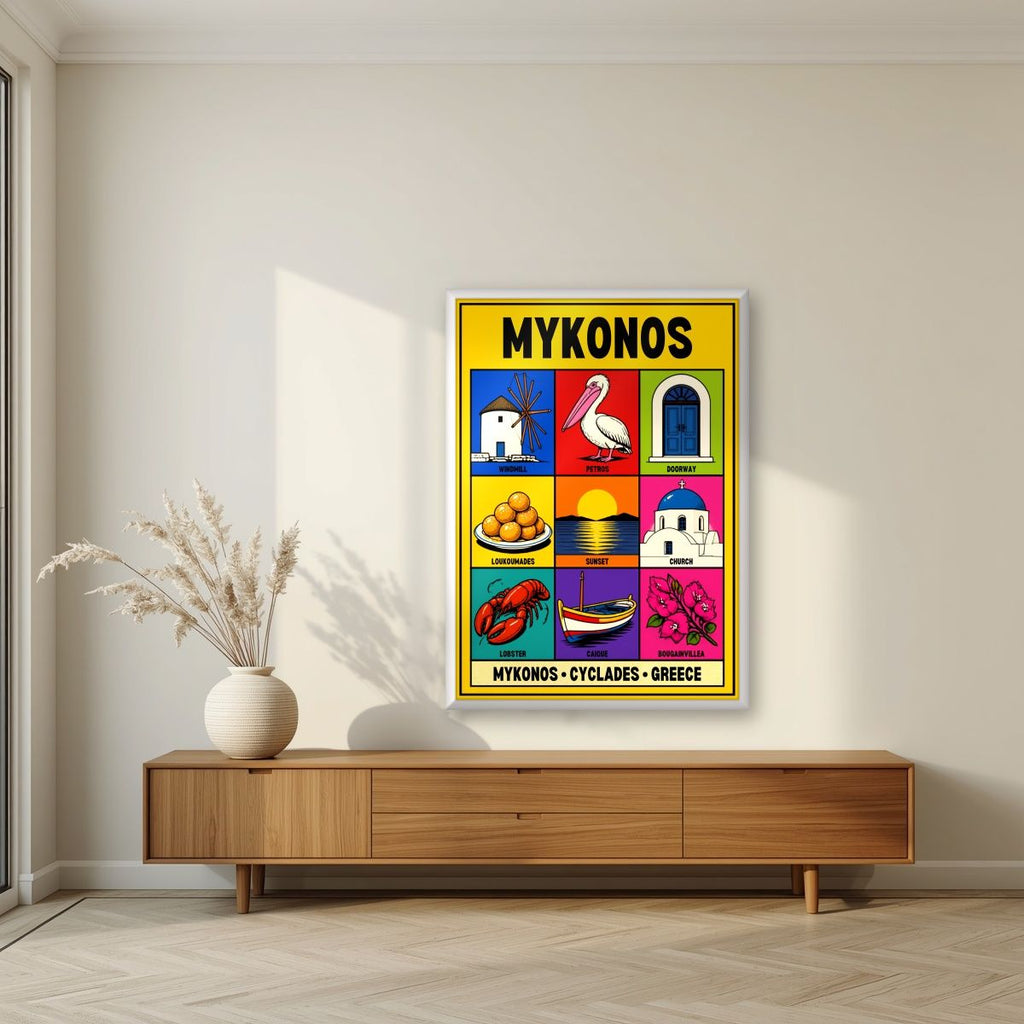Island Almanac — Mykonos art print, in a white frame, styled in a living room