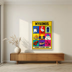 Island Almanac — Mykonos art print, in a white frame, styled in a living room