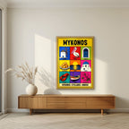 Island Almanac — Mykonos art print, in an oak frame, styled in a living room